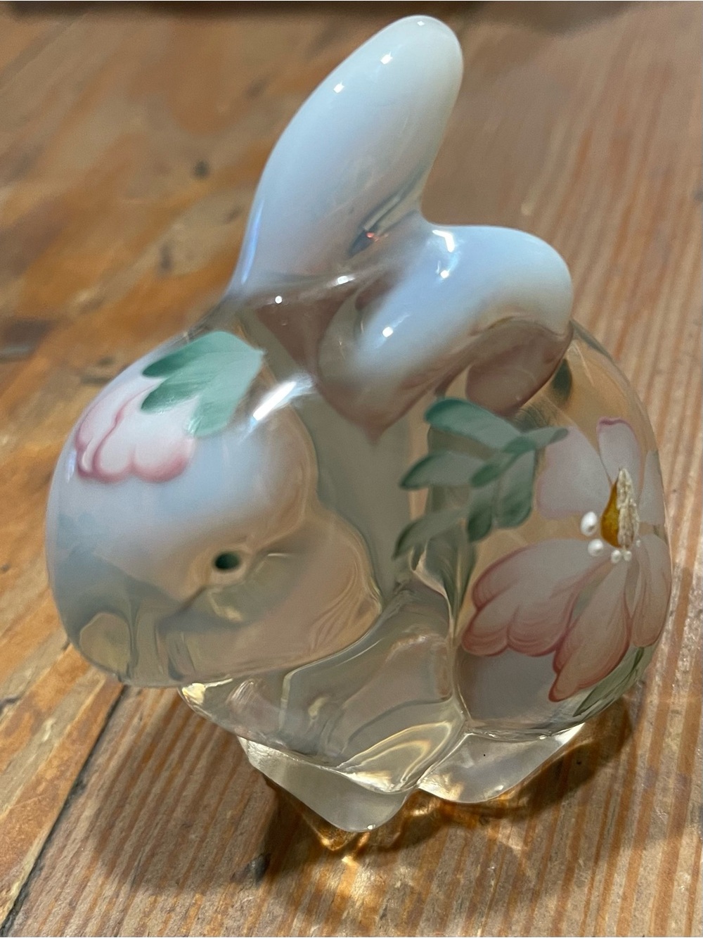 Fenton White Glass Bunny with Pink and Green Floral Paint